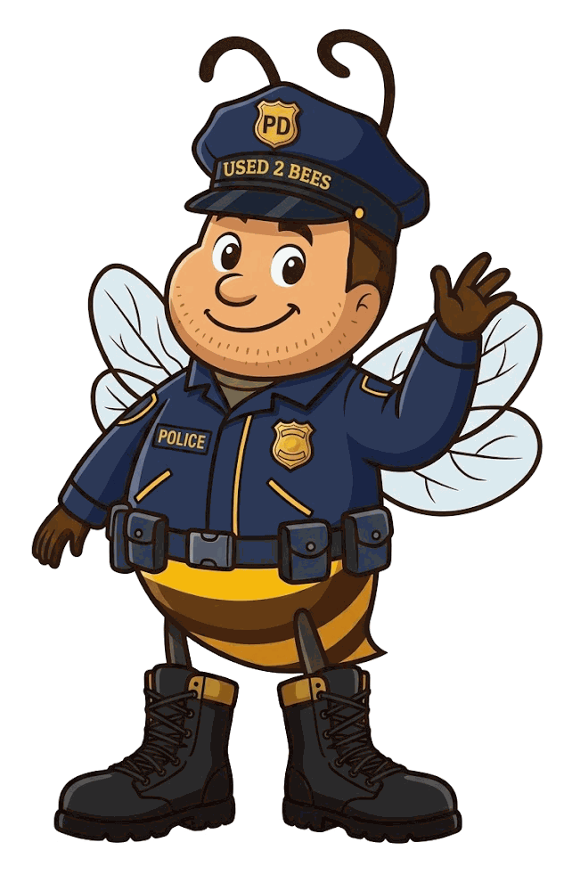 Male Used 2 Bees law enforcement mascot in a dark police uniform