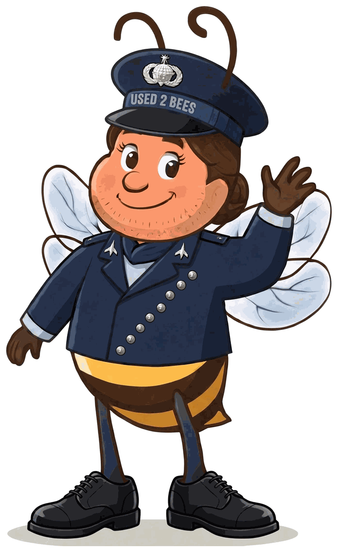 Female Used 2 Bees Space Force officer mascot in very dark blue service dress coat with diagonal six-button front, plain shoulder straps, silver delta lapel insignia and neck tab, hair in a bun, service cap with delta device and USED 2 BEES band and black dress shoes