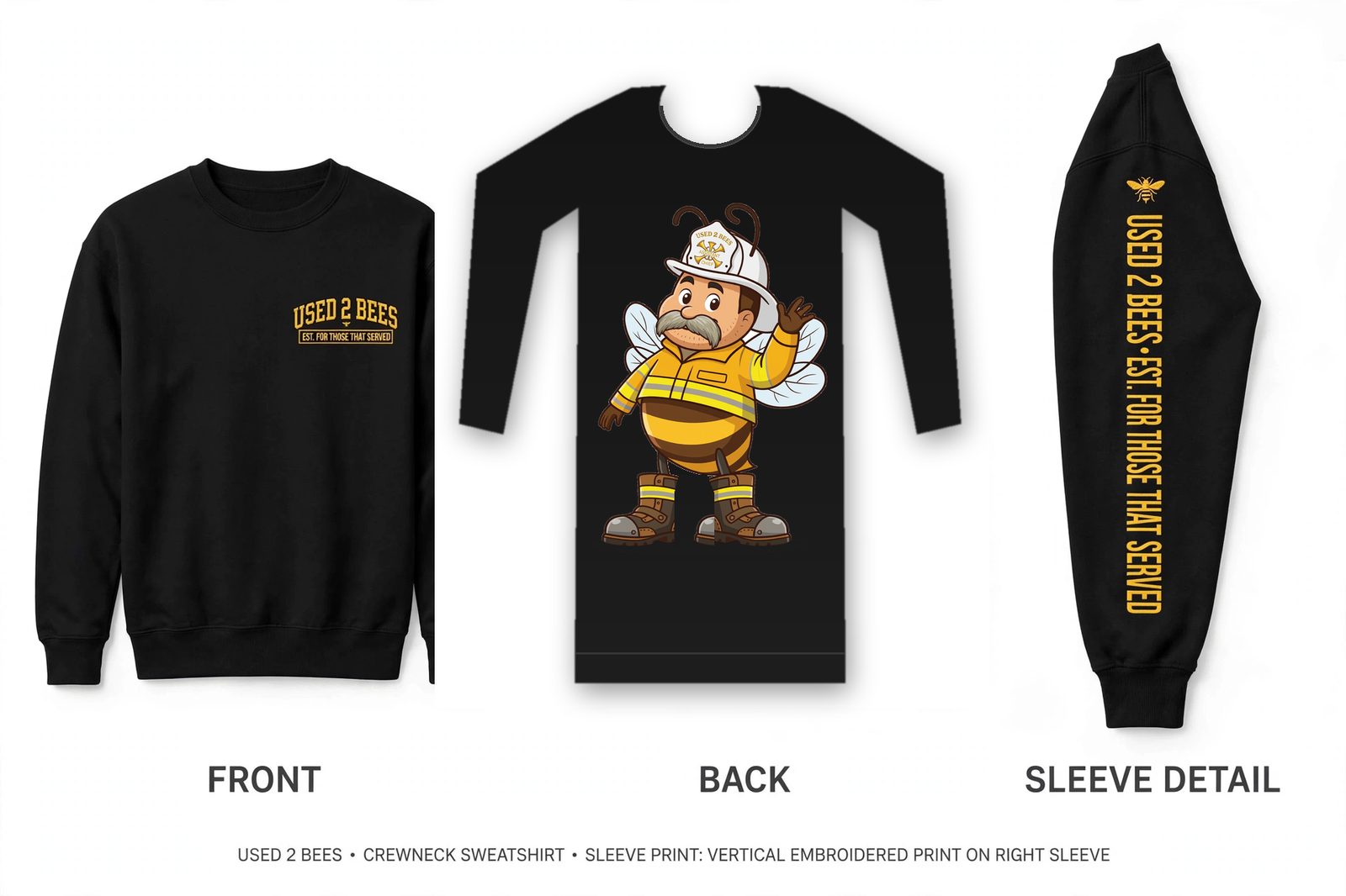 Crewneck sweatshirt mockup showing front, back and right sleeve views with the approved USED 2 BEES logo stretched down the sleeve