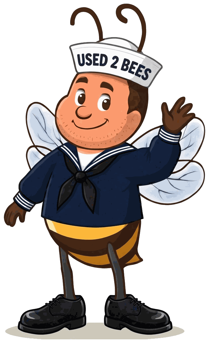 Male Used 2 Bees Navy enlisted mascot in dark blue crackerjack dress uniform with white piping, black neckerchief and white Dixie cup hat with USED 2 BEES lettering