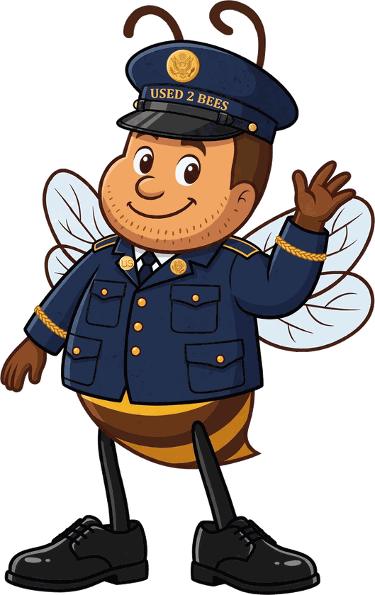 Male Used 2 Bees Army mascot in enlisted Army Service Uniform dress coat with gold collar disks and service cap with USED 2 BEES band