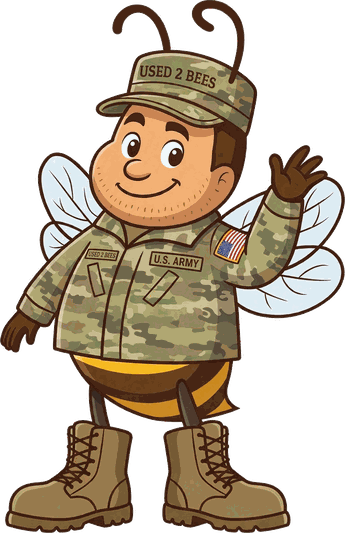 Male Used 2 Bees Army mascot in OCP uniform with USED 2 BEES name tape, U.S. ARMY tape, full-color flag patch on the left sleeve and OCP patrol cap