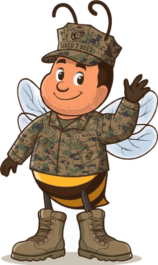 Male Used 2 Bees Marines mascot in MCCUU camouflage utility uniform with U.S. MARINES tape, Eagle Globe and Anchor on the chest pocket and eight-point utility cover