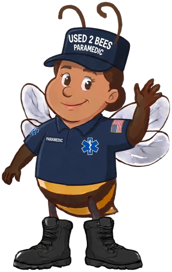 Female Used 2 Bees Paramedic mascot in a navy polo shirt with a blue Star of Life and PARAMEDIC tape, navy USED 2 BEES cap and black boots