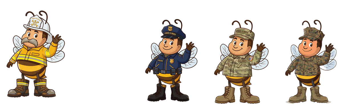 Four original Used 2 Bees mascots representing fire, law enforcement, the Army and the Marine Corps