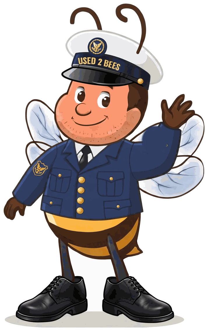 Male Used 2 Bees Coast Guard enlisted mascot in dark blue Service Dress Blue coat with four gold front buttons, white shirt, black tie, combination cap with gold Coast Guard device and USED 2 BEES band, plain sleeves and black dress shoes