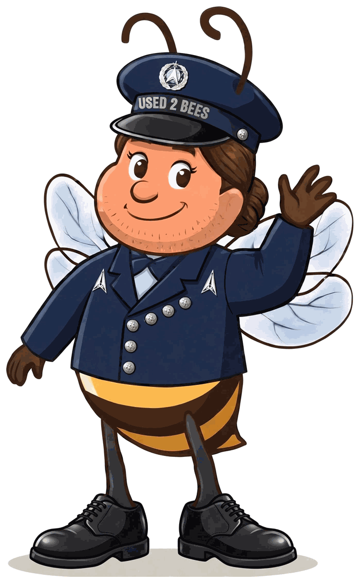 Female Used 2 Bees Space Force enlisted mascot in very dark blue service dress coat with diagonal six-button front, silver delta lapel insignia and neck tab, hair in a bun, service cap with delta device and USED 2 BEES band and black dress shoes