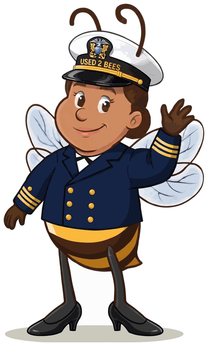 Female Used 2 Bees Navy officer mascot in double-breasted dark blue dress coat with gold buttons, gold sleeve stripes on each cuff, white shirt and black neck tab, hair in a bun, white-top combination cap with officer device and USED 2 BEES band and black dress shoes