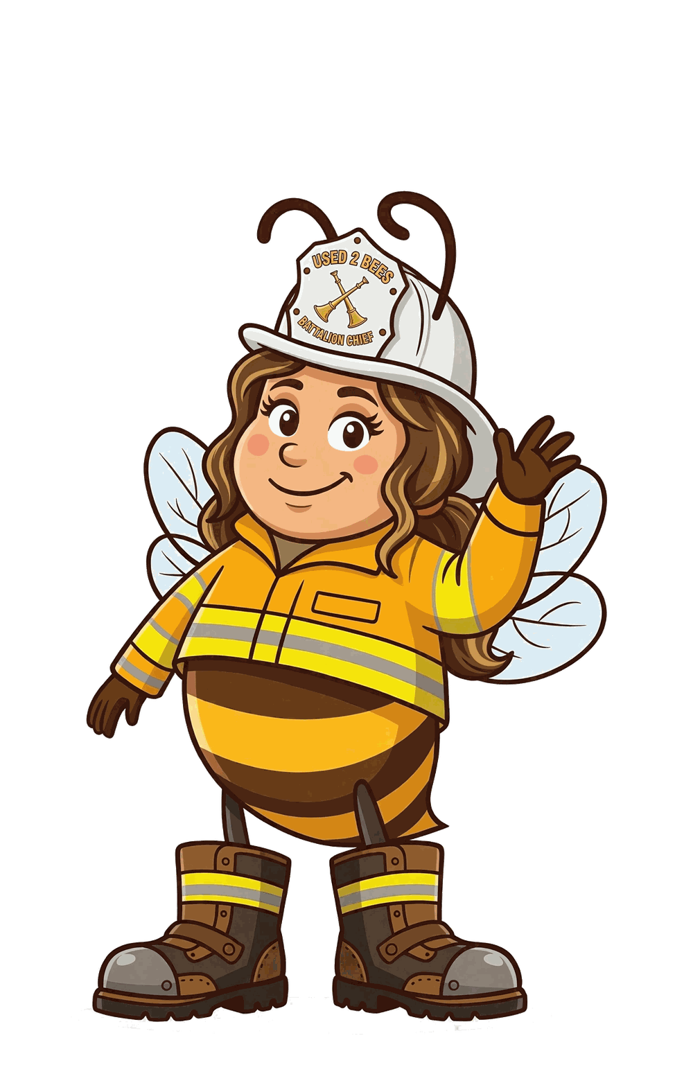 Female Used 2 Bees Battalion Chief mascot in a white helmet with brown and blonde hair