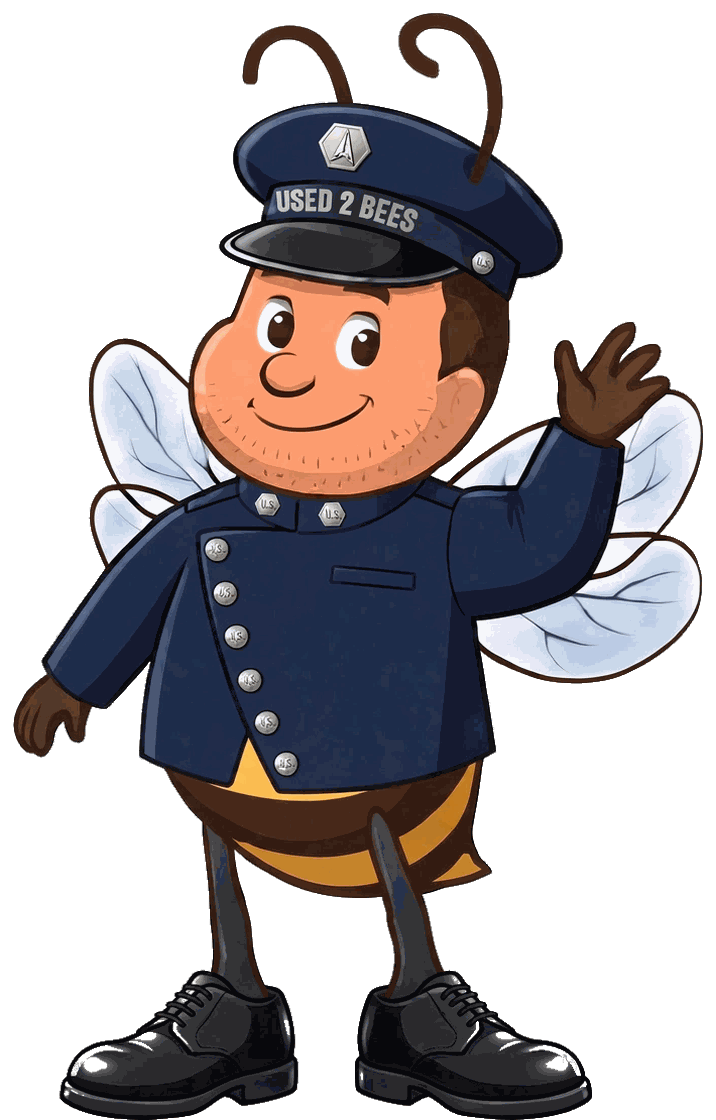 Male Used 2 Bees Space Force enlisted mascot in very dark blue wraparound service dress coat with standing collar with U.S. insignia in a hexagon outline on both sides, diagonal six silver-button front, upper-left welt pocket, plain sleeves and shoulder straps, service cap with enlisted delta-in-hexagon device and USED 2 BEES band and black dress shoes