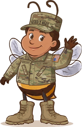 Female Used 2 Bees Army mascot in OCP uniform with USED 2 BEES name tape, U.S. ARMY tape, full-color flag patch on the left sleeve and OCP patrol cap