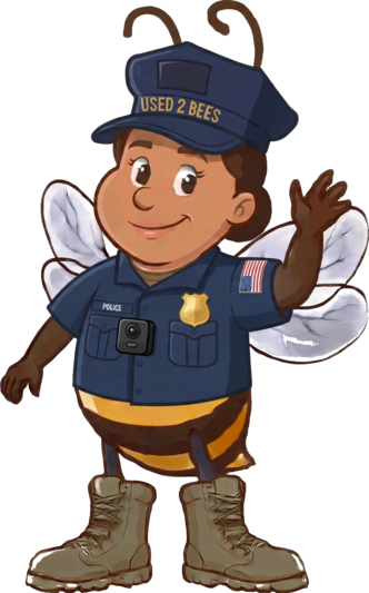 Female Used 2 Bees law enforcement mascot in a dark police uniform