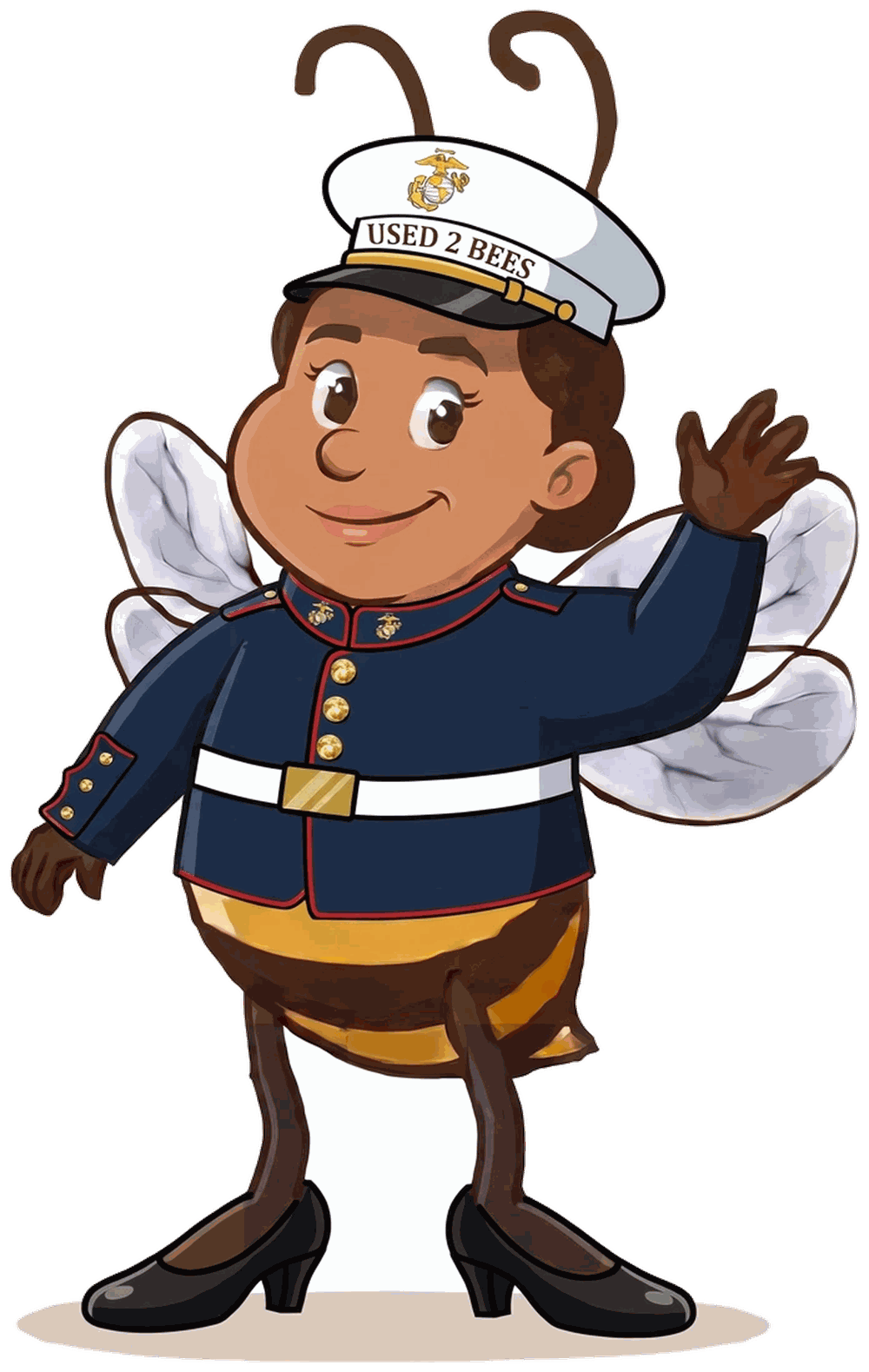 Female Used 2 Bees Marines mascot in Dress Blues with white cover with gold Eagle Globe and Anchor and USED 2 BEES band, red-trimmed dress coat, white belt, white gloves, hair in a bun and black dress pumps