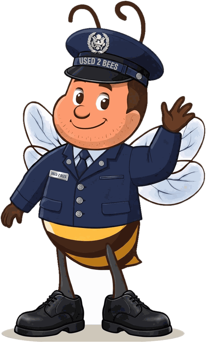 Male Used 2 Bees Air Force enlisted mascot in dark blue service dress coat with three silver buttons, light blue shirt and dark tie, service cap with eagle device inside a silver circle and USED 2 BEES band and black dress shoes