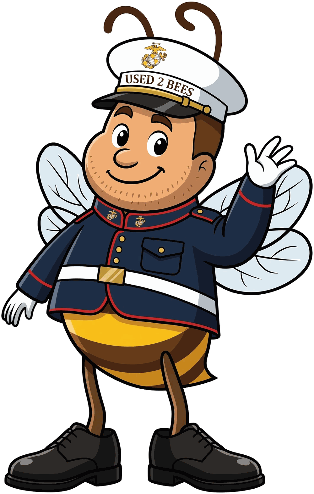 Male Used 2 Bees Marines mascot in Dress Blues with white cover, gold Eagle Globe and Anchor, red-trimmed dress coat, white belt and white gloves