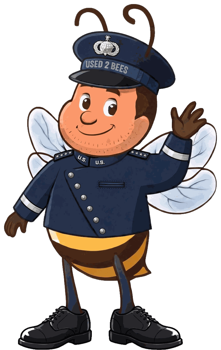 Male Used 2 Bees Space Force officer mascot in very dark blue wraparound service dress coat with standing collar with U.S. insignia on both sides, diagonal six silver-button front, upper-left welt pocket, four-star shoulder boards and a silver cuff band on each sleeve, service cap with delta wreath device and USED 2 BEES band and black dress shoes